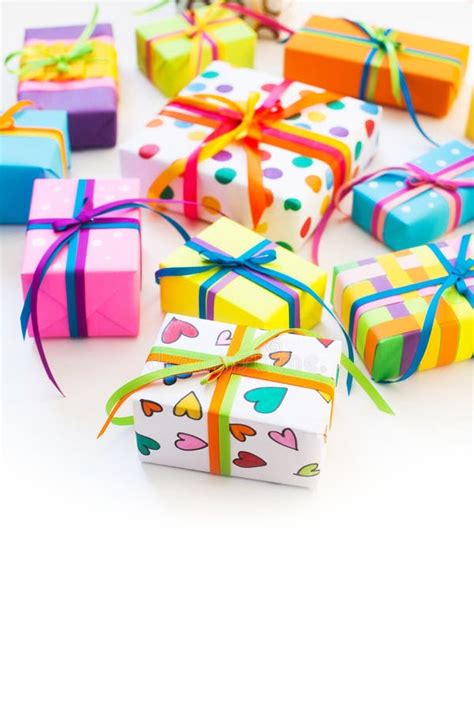 Colored Gift Boxes With Colorful Ribbons White Background Stock Image