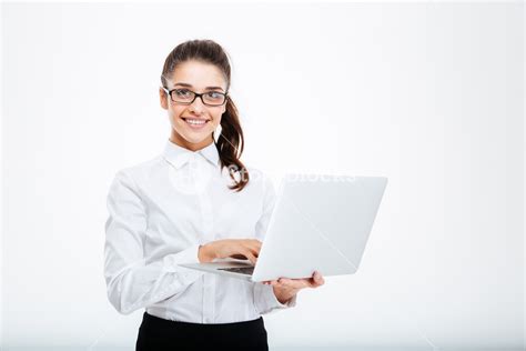 Smiling Professional Woman With Laptop Over White Background Royalty Free Stock Image Storyblocks