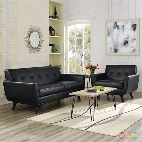 Mid Century Modern Engage 2pc Button Tufted Leather Living Room Set Black