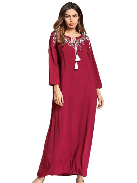 Embroidered Women Muslim Abaya Longsleeve Dress Islam Jilbab Cocktail