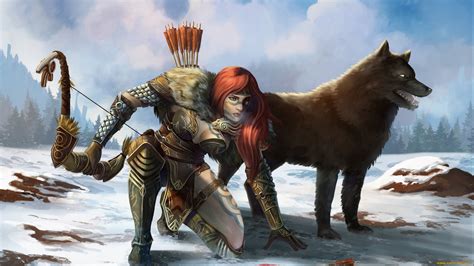 Fantasy Artwork Art Warrior Women Woman Female Archer Wolf