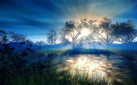 Streaming Sunlight Blue River Golden Beautiful Grass Sunrise