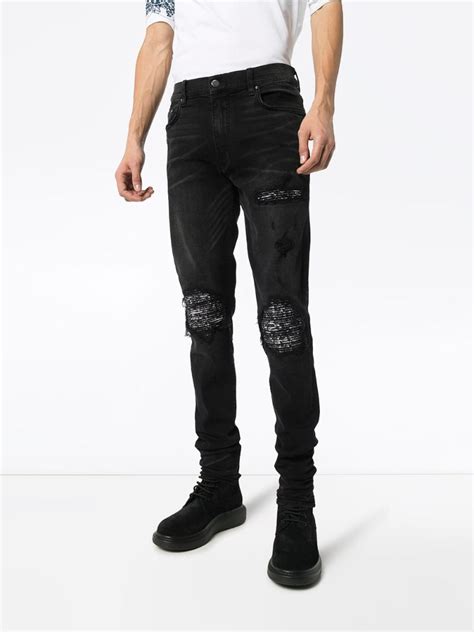 Amiri Mx1 Distressed Bandana Detail Slim Fit Jeans In Black Modesens