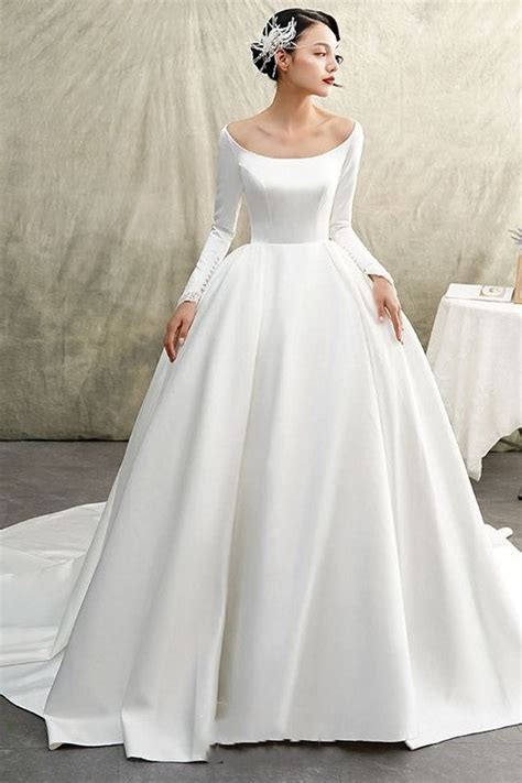 White Satin Ball Gown Full Sleeve Wedding Dress With Wide Neckline