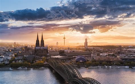 Architecture Building Germany Water Bridge Sunset Cologne