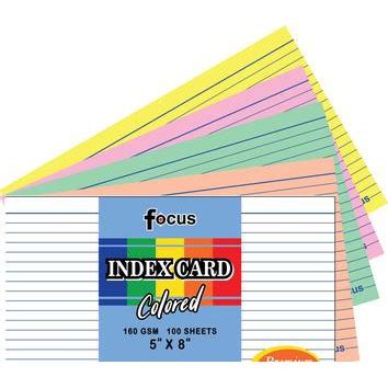 Item sold per pack 100 pieces per pack 160gsm brand: Index Card (Colored) Focus 1/2 (5"x 8") , 1/4 (4"x 6"), 1 ...