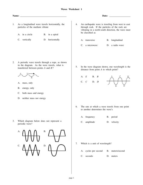 Waves Worksheet 1 Physics