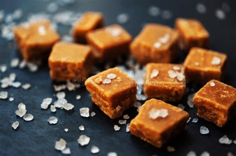 Caramel Candies Salted Caramel Pieces And Sea Salt Macro Stock Image