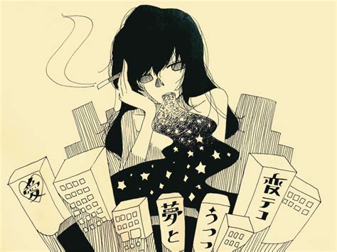 safebooru 1girl arm up awayawa pic bangs black hair cigarette city commentary request highres