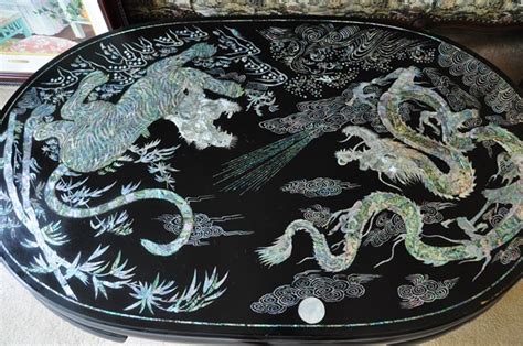 Vintage Korean Lacquer Coffee Table With Mother Of Pearl Inlay Patterns