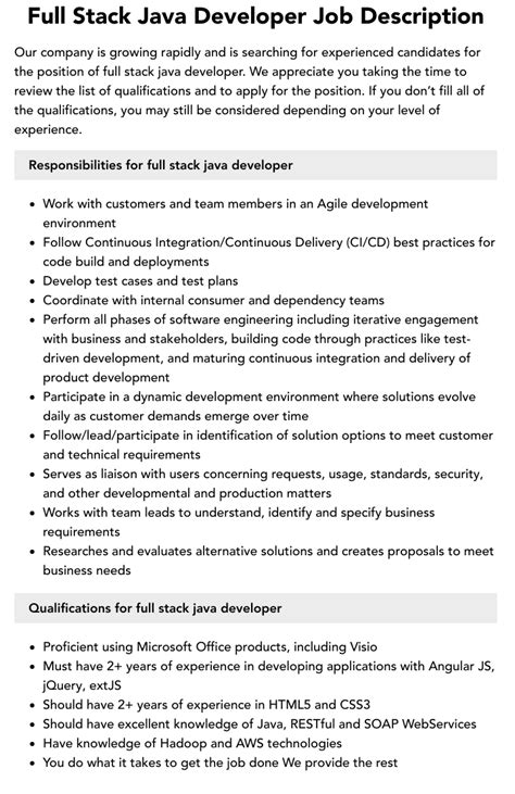 Full Stack Java Developer Job Description Velvet Jobs