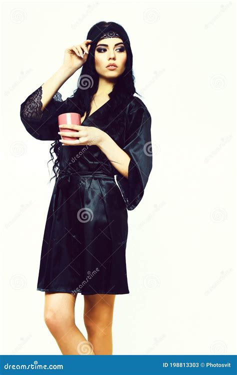 Girl Posing In Black Silk Robe With Cup Stock Image Image Of Hold