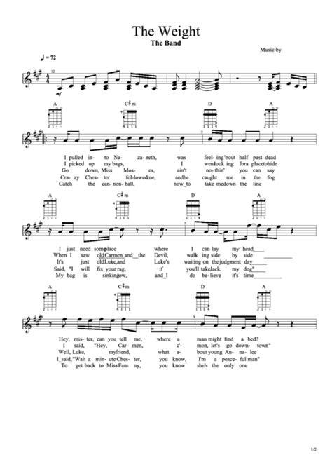 The Weight The Band Music By J R Robertson Chords Notes Printable
