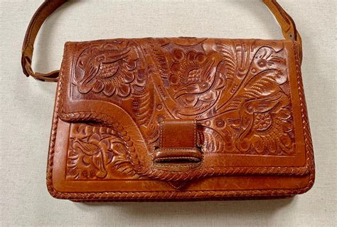 Tooled Leather Purse Handbag Vintage 60s 70s Dark Brown Hand Tooled