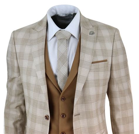 Mens Cream-Tan Check 3 Piece Suit | Happy Gentleman