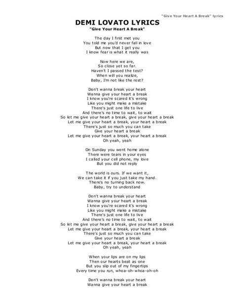 Demi Lovato Lyrics Give Your Heart A Break