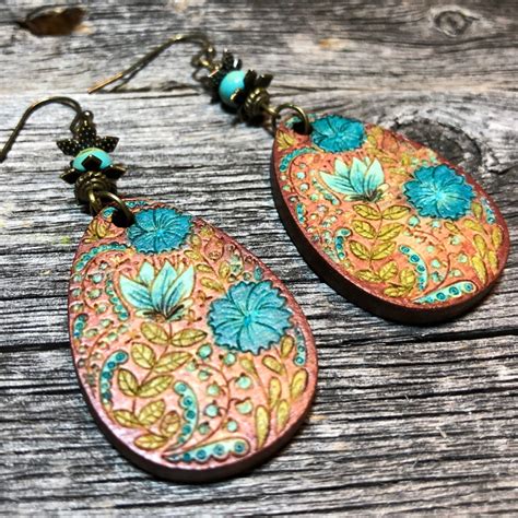 Hand Painted Turquoise Flowers Wood Lightweight Earrings Etsy