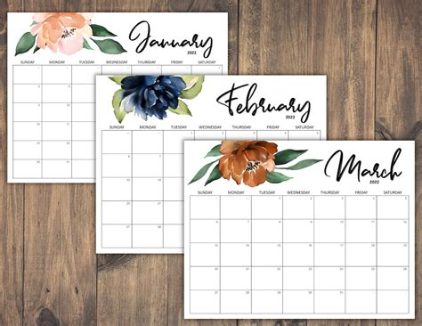 2022 Calendar Printable Watercolor Floral Calendar 2022 Etsy