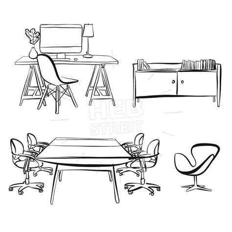 Office Interior Objects Drawing Hand Drawn Vector Sketch Business