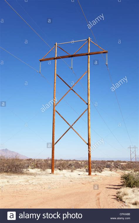 Electric Transmission Lines Wooden Poles High Resolution Stock