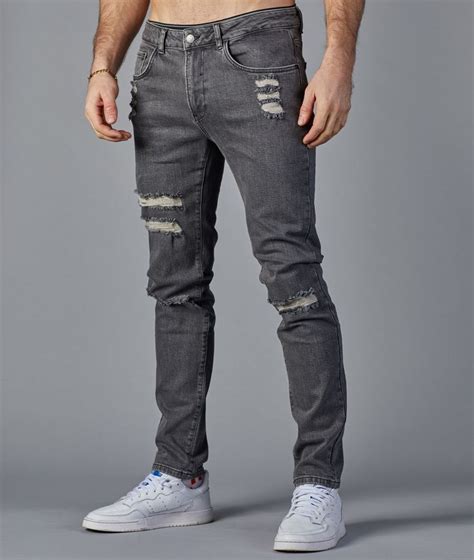 Pocket Washed Grey Slim Fit Jeans Distressed In Grey Jeans Men