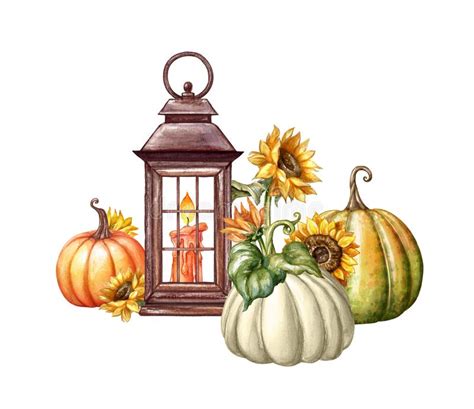 Pumpkin With Sunflowers Watercolor Stock Illustration