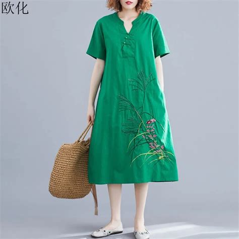 Vintage Ethnic Elegant Embroidery Maxi Dress Women Short Sleeve Cotton Linen Dress Plus Size