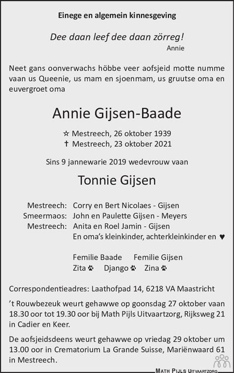 Annie Gijsen Baade Overlijdensbericht En Condoleances My XXX Hot Girl