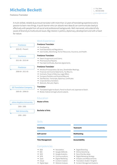 The most effective way to digest the tips is to see their practical application. Freelance Translator - Resume Samples and Templates | VisualCV