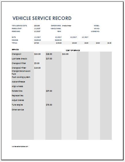 Vehicle Service Record Template For Ms Excel Word And Excel Templates