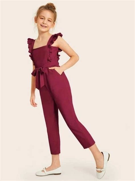 Girls Ruffle Trim Belted Jumpsuit In 2020 Jumpsuits For Girls Tween Fashion Outfits Girls