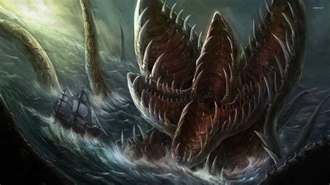 Sea Monster Attacking The Sailing Ship Wallpaper Fantasy Wallpapers