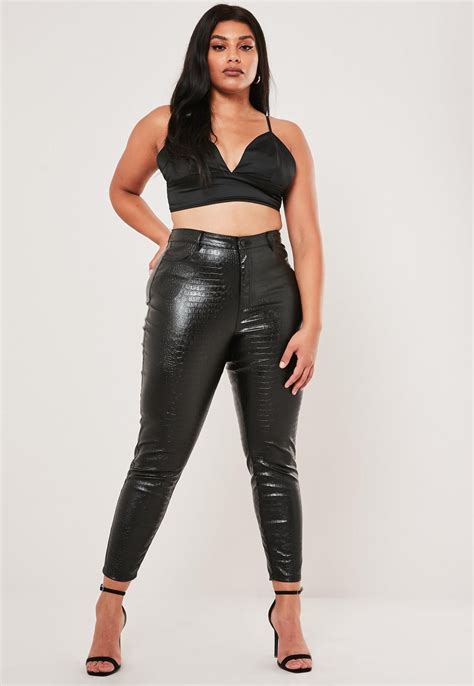 Plus Size Stassie X Missguided Black Faux Leather Croc Print Pants Missguided Black Leather