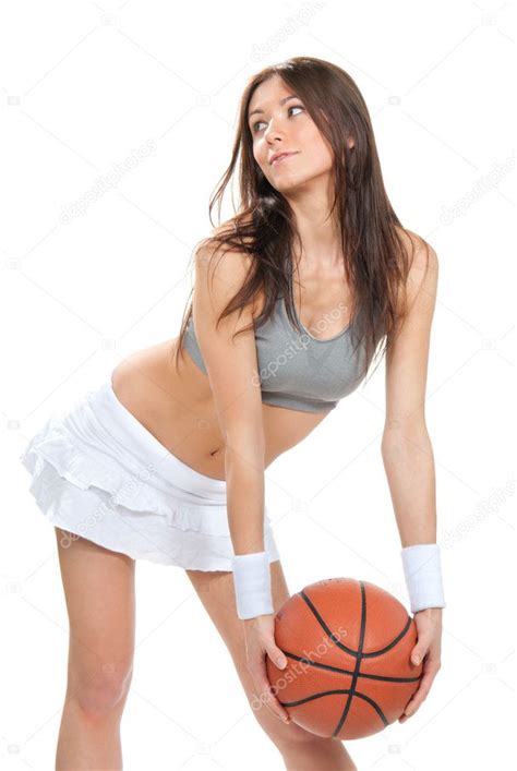 Pretty Brunette Woman Hold Basketball Ball In Hand Stock Photo