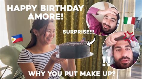 baked a cake and surprised my fiancé on his birthday funny reaction filipina italian couple