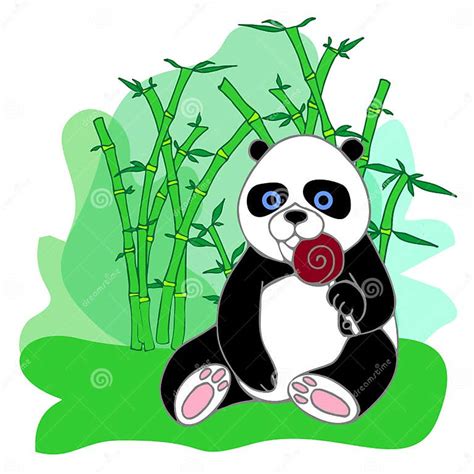 Cute Illustration Of A Panda Cub With A Lollipop On A Light Bamboo