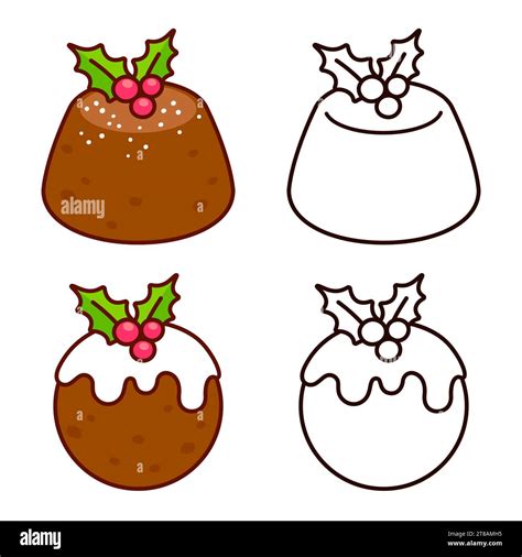 Traditional Christmas Pudding With Holly Berries Color Cartoon Drawing