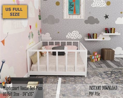 Get the printable toddler house bed plans here. Montessori Canopy Bed Plan Full Bed Toddler Bed Frame DIY | Etsy in 2020 | Toddler floor bed ...