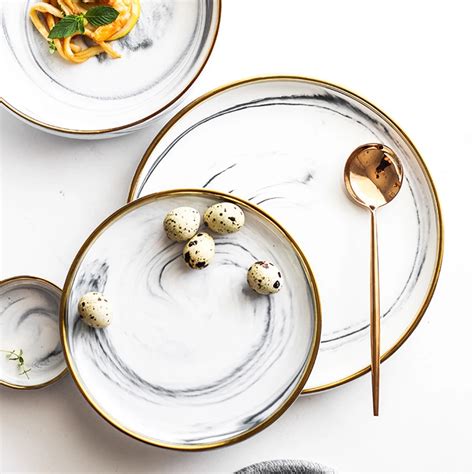 Zogift High Quality White Grey Dinnerware Sets Marble Dinner Set Gold