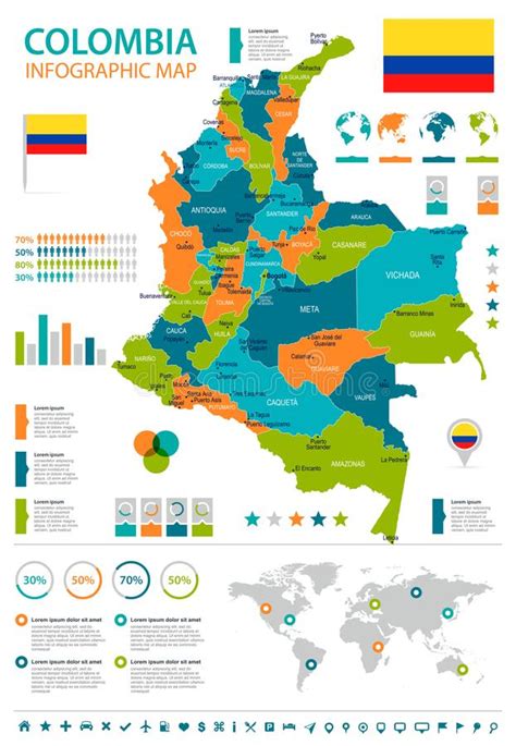 Colombia Mapa Y Bandera Infographic Ejemplo Detallado Del Vector