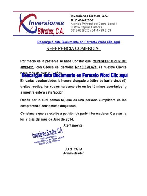 Formato Carta De Referencia Comercial Venezuela Servicio Financiero