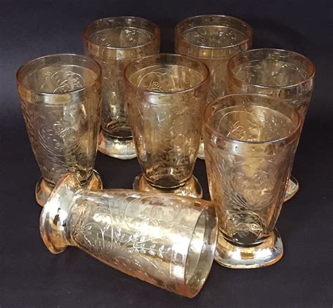 Set Of 7 Vtg 50’s Jeannette Floragold Louisa Style Iridescent Drinking Glasses Ebay
