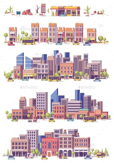 Vector Low Poly 2d City Scenes Buildings Objects Building