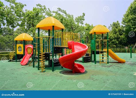 Colorful Sliding Boards In Playground On Sunny Summer Day Stock Image