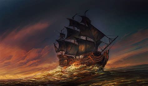 Hd Wallpaper The Ocean Sea Wave Ship Sails Sunset Illustration