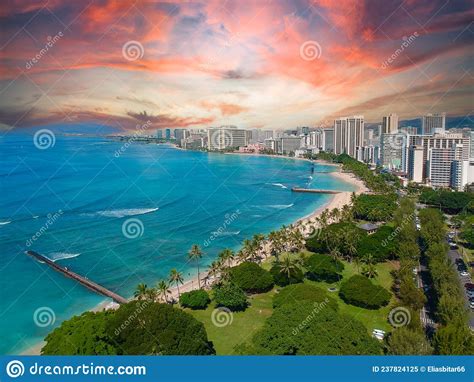 Aerial Panoramic Views Of Waikiki Beach Honolulu Hawaii Stock Image
