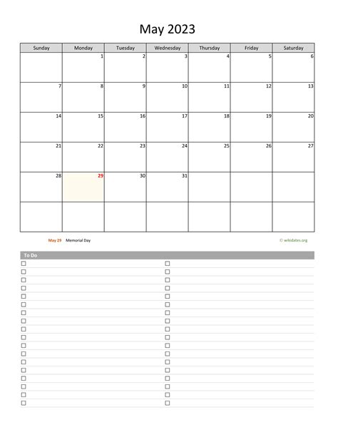 May 2023 Calendar With To Do List