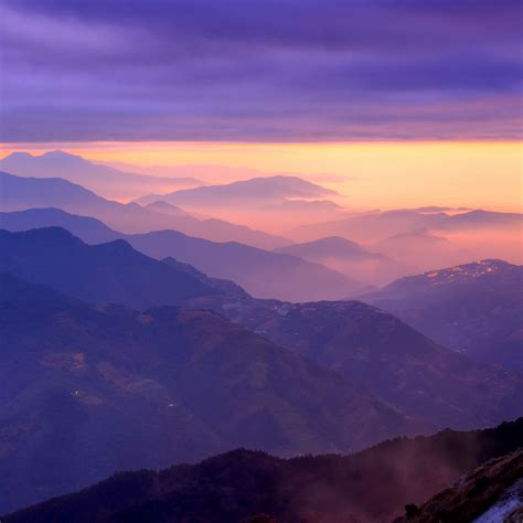 Mountain Range Wallpaper 4k Sunset Purple Sky Foggy Clouds