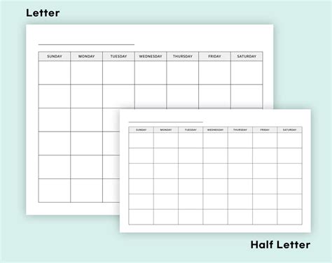Blank Monthly Calendar Printable Horizontal Calendar Simple Etsy