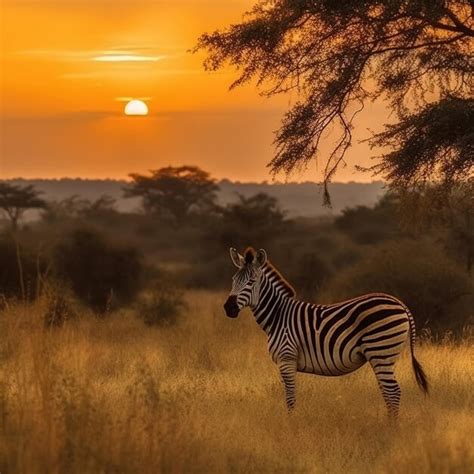 premium photo a zebra stands in a field at sunset